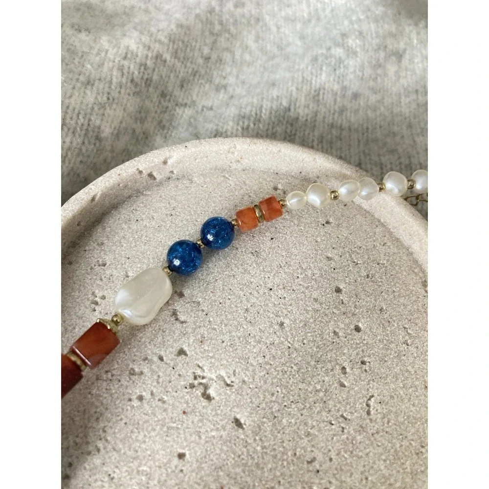 Beggars Beads Collar Necklace Blue Crackle Beads Faux Pearl Beaded Romantic Glam